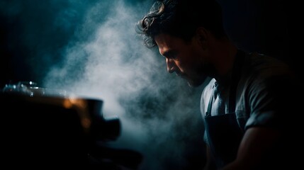 Obraz premium Barista preparing coffee with steam in a moody atmospheric cafe setting