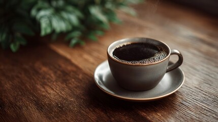 Steaming hot dark coffee in a ceramic cup on a wooden table with blurred green leaves in background suggesting a cozy morning