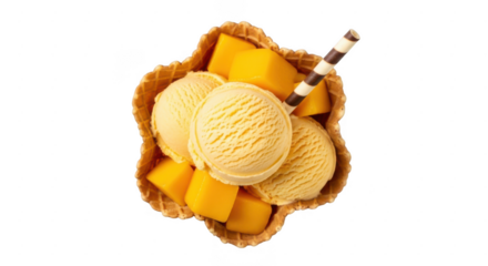 Mango ice cream scoops in a waffle bowl with fresh mango chunks and a wafer stick, isolated on transparent background