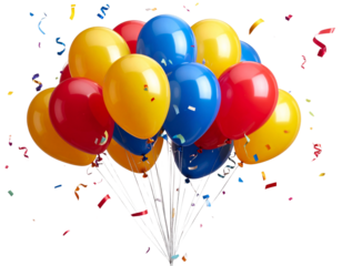 Colorful Party Balloons with Confetti Burst, Front View Celebration Scene, isolated on transparent background