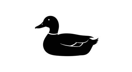 Elegant black duck silhouette swimming peacefully on clean white background.