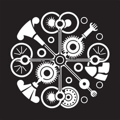 Intricate mechanical floral fusion pattern with gears and abstract elements for creative design