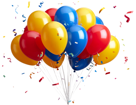 Colorful Party Balloons with Confetti Burst, Front View Celebration Scene, isolated on transparent background