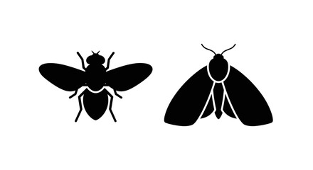 Fly and moth insect black silhouette icons isolated on white. © Hani