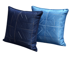  3D Render of Dual Blue Cushion Covers with Contrast Stitching, Perspective View, isolated on transparent background