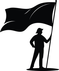Silhouette of a Leader Holding a Waving Flag for Victory