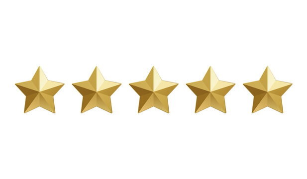 Row of five 3D gold stars icon for rating isolated.