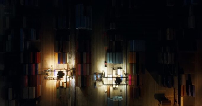Unloading large cargo containers seaport. Loading freight sea port. Top aerial drone view. Lot big boxes rows, ship delivery ocean harbor. Shipping night. Goods export import. Industrial Marine dock.