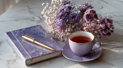 Serene Tea Time with Lavender Flowers and Elegant Journal on Table