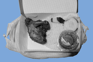 close up of  fried chicken with rice and spicy sambals sauce on takeout box pixelate grayscale color halftone dotted texture style collage element isolated on blue background