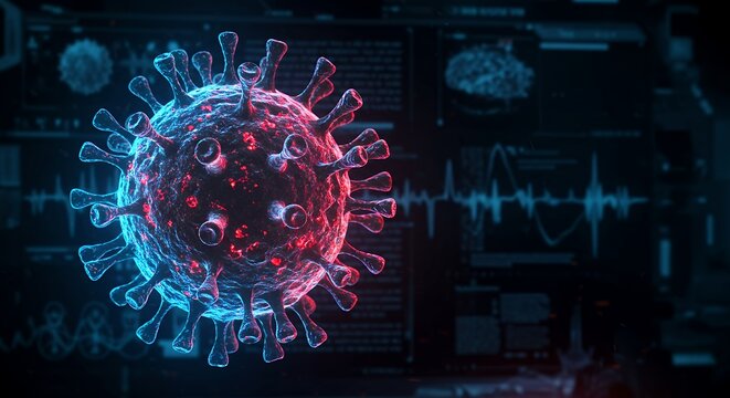 Detailed 3D rendering of a pathogenic coronavirus cell against a futuristic digital interface displaying scientific and medical research data