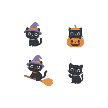 Cute black cats Halloween collection, flat design, vector illustration