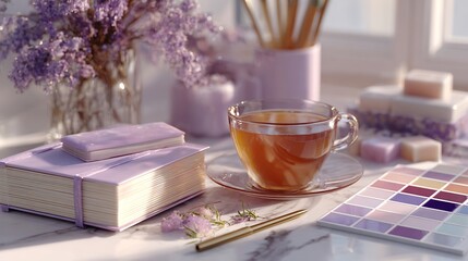 Cozy Tea Time with Lavender Decor and Stationery Items in Light