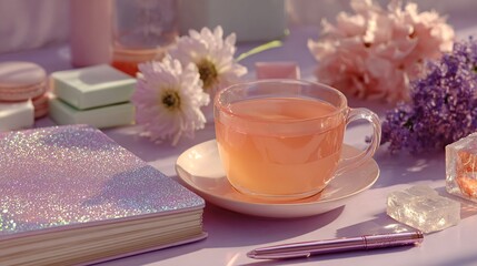 Serene Morning Tea Setup with Pastel Colors and Floral Accents