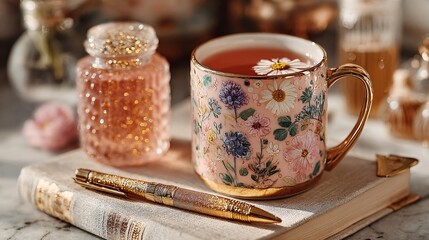 Beautiful Floral Mug with Herbal Tea Next to Decorative Objects