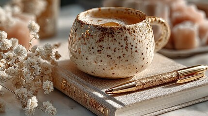 Elegant Still Life with Coffee Cup and Golden Pen on Notebook