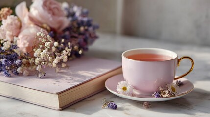 Delicate Pink Tea Cup with Flowers on a Marble Table