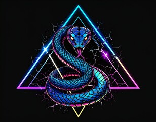 A vibrant neon snake with electric blue and purple scales coiled within a glowing triangular frame.
