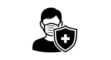 Person wearing a face mask with a health protection shield icon.