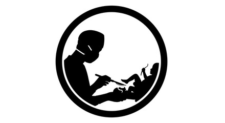 Silhouette icon of a surgeon operating on a baby.