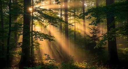 Golden sunlight filters through lush green forest canopy illuminating forest floor