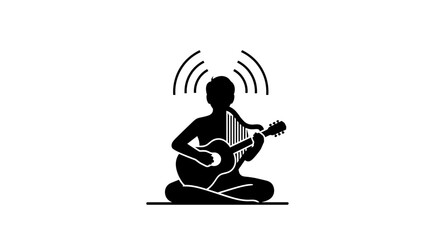 Silhouette of a person playing guitar with sound waves.
