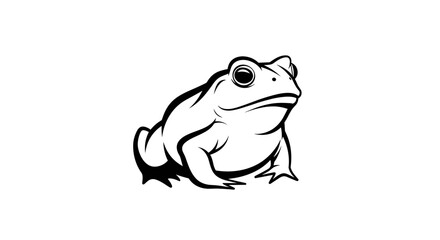 Simple black and white line art illustration of a frog sitting calmly on a white background.