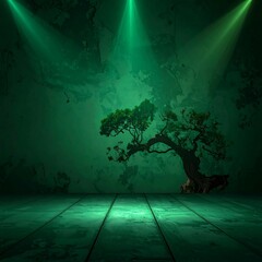 Green-lit studio with a lone, illuminated tree against a textured wall