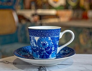 Intricate blue-and-white patterned teacup with matching saucer