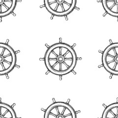 Seamless pattern with ship s steering wheels. Black and white graphics, hand-drawn vector illustrations. For children s games and celebrations. For textiles, packaging, decor, wallpapers, and more.