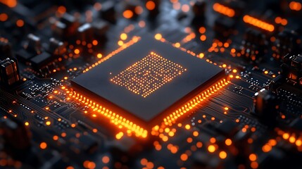 Orange lights illuminate the dark circuit board around the central black CPU component