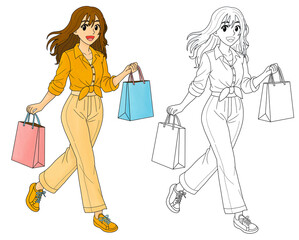 cartoon illustration of young woman in casual outfit carrying shopping bags. Includes colored and outline versions. Perfect for fashion, lifestyle, retail, and marketing design projects.
