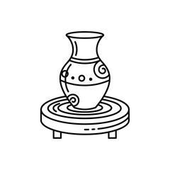 Pottery Wheel Outline Icon – Clay Vase Making Line Art Symbol Vector Illustration