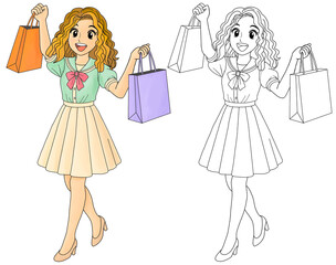 Adorable cartoon illustration of a cheerful young woman in pastel outfit holding colorful shopping bags. Includes colored and outline versions. Perfect for fashion, lifestyle
