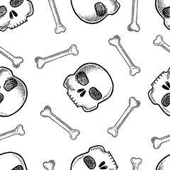 seamless pattern with bones and skulls. Black and white graphics, vector illustration. Hand-drawn. For packaging and labels, for textiles, decor, wallpapers, and more.
