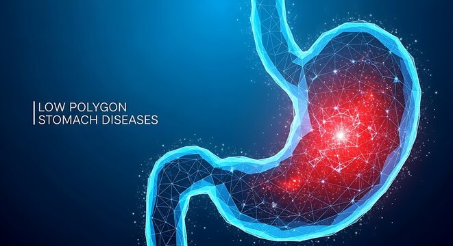 Low polygon stomach diseases concept with pain area in red color on dark blue