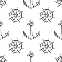 Seamless pattern with ship s steering wheels. Black and white graphics, hand-drawn vector illustrations. For children s games and celebrations. For textiles, packaging, decor, wallpapers, and more.