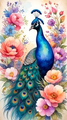 Graceful peacock surrounded by vibrant watercolor flowers, a floral fantasy