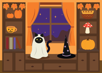 Cute Halloween Interior with Black Cat and Ghost Costume