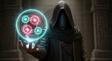 Hooded figure holding glowing magical orb with intricate symbols sorcerer wizard