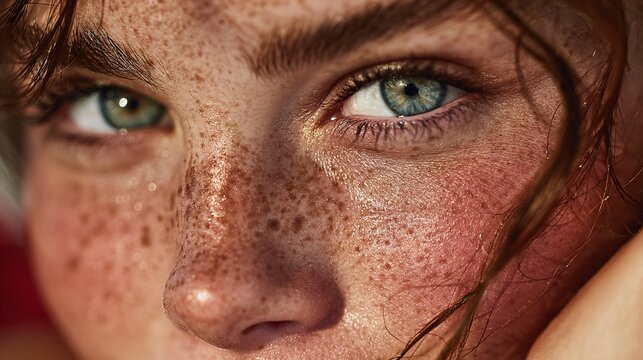 Close-up Portrait of Woman with Freckles and Striking Blue Eyes