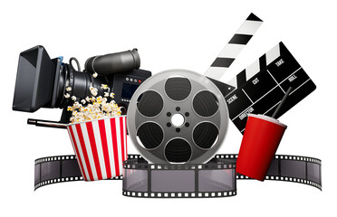 Cinema, illustrazione di cinepresa, ciak, pellicola e popcorn su sfondo trasparente. Rendering 3d