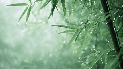 A serene scene of bamboo leaves with water droplets captured in soft light and gentle rain on a tranquil morning with a blurred green background