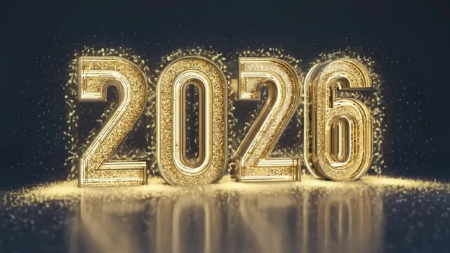 Illuminated 2026 New Year sign glowing with gold glitter, radiating elegance, festivity, and optimism for the year ahead.
