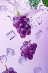 Grapes and ice cubes floating in water with a purple background and light pink color scheme featuring water splashing around them with bright colors