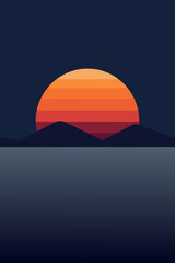 Minimalist vector illustration of a vibrant rising sun over a calm sea horizon vector