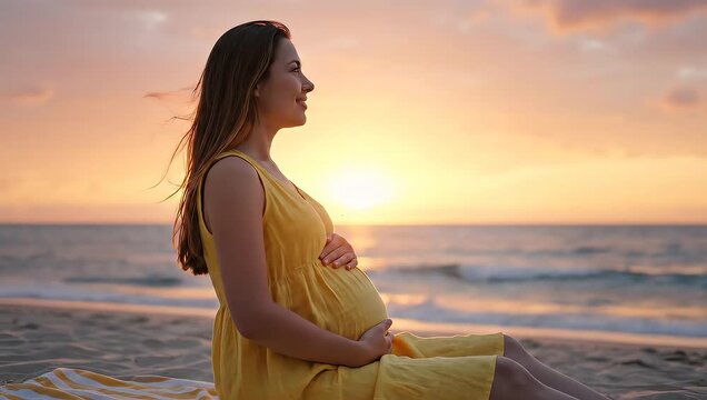 Pregnant woman enjoying the sunset on the beach, peaceful moment.