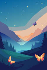 Fototapeta premium Peaceful fantasy meadow with glowing butterflies vector illustration vector