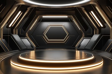 An empty black and gold hexagon stage background with an illuminated podium for product presentation in a futuristic sci fi showroom design