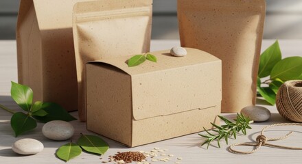 Eco-friendly Kraft paper packaging box with green leaves and twine on a light wooden surface kraft paper box gift box